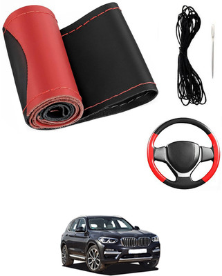 MATIES Hand Stiched Steering Cover For BMW X3(Red/Black, Leatherite)
