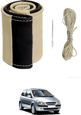 MATIES Hand Stiched Steering Cover For Hyundai Getz(Beige/Black, Leatherite)