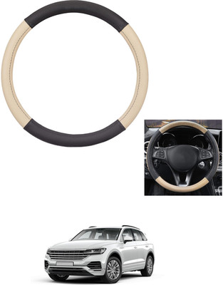 MATIES Steering Cover For Volkswagen Touareg(Beige/Black, Leather)