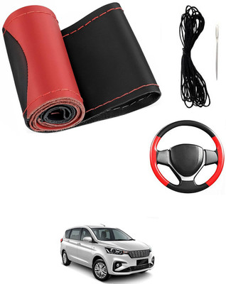 MATIES Hand Stiched Steering Cover For Universal For Car Ertiga(Red/Black, Leatherite)