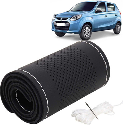 Kingsway Hand Stiched Steering Cover For Maruti Alto 800(Black Color with Silver Thread, Leatherite)