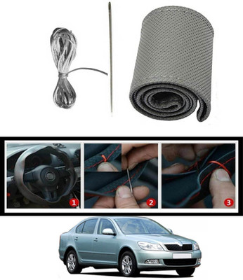MATIES Hand Stiched Steering Cover For Skoda Laura(Grey, Leatherite)