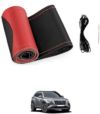 MSNP Hand Stiched Steering Cover For Hyundai Tucson(Red & Black, Leatherite)