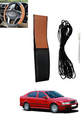 monolive Hand Stiched Steering Cover For Skoda Octavia(Tan, Black, Leatherite)