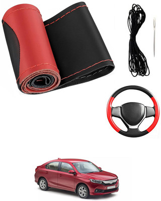 MATIES Hand Stiched Steering Cover For Honda Amaze(Red/Black, Leatherite)