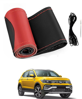 MATIES Hand Stiched Steering Cover For Volkswagen Universal For Car(Red/Black, Leatherite)