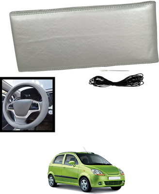 MATIES Hand Stiched Steering Cover For Chevrolet Spark(Silver, Leatherite)
