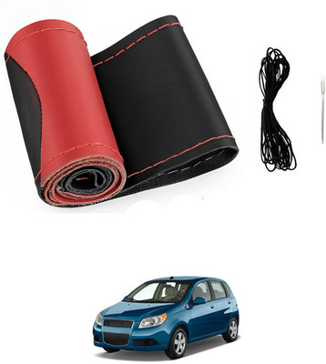 monolive Hand Stiched Steering Cover For Chevrolet Aveo(Red/Black, Leatherite)