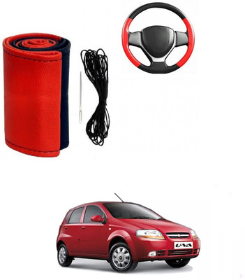 Autocom Hand Stiched Steering Cover For Chevrolet Aveo UVA(Red, Black, Leather)