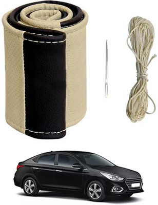 ABJD Hand Stiched Steering Cover For Hyundai Verna(Beige, Black, Leatherite)