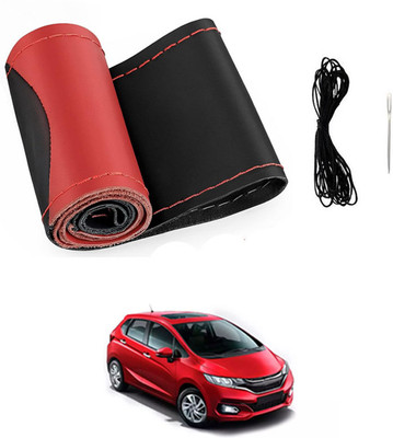 MATIES Hand Stiched Steering Cover For Honda Jazz(Red/Black, Leatherite)