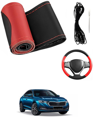 MATIES Hand Stiched Steering Cover For Skoda Octavia(Red/Black, Leatherite)