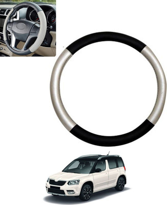 monolive Hand Stiched Steering Cover For Skoda Yeti(Silver/Black, Leatherite)