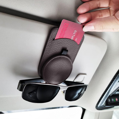 RainRider Car Eyeglasses Clip Holder – Magnetic Leather Sun Visor Organizer Brown Car Sunglass Clip Holder