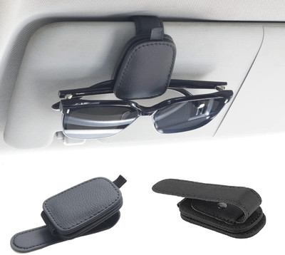 Krusan 1 Pcs PU Leather Hanger Storage Glasses Holder Mount for Car Black Car Sunglass Clip Holder