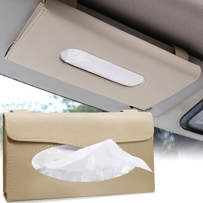 Selifaur Car Sun Visor Tissue Box Holder PU Leather Paper Napkin Organizer Hanging Vehicle Tissue Dispenser(Beige)