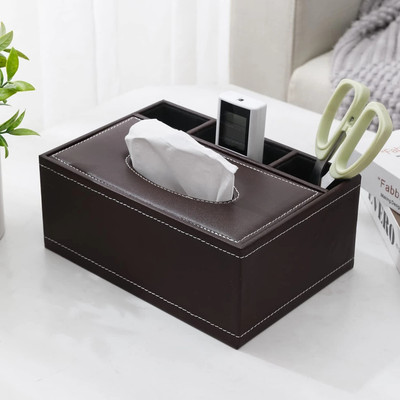 HOKiPO Faux Leather Tissue Storage Box with Compartment (D4-AR4086), Vehicle Tissue Dispenser(Brown)