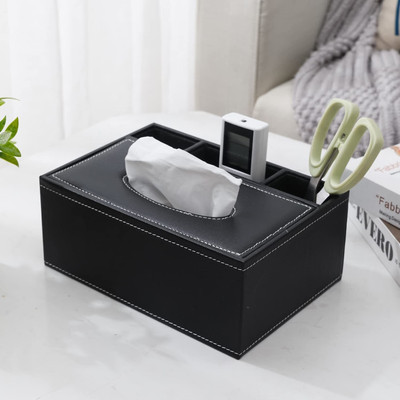 HOKiPO Faux Leather Tissue Storage Box with Compartment (D3-AR4086), Vehicle Tissue Dispenser(Black)