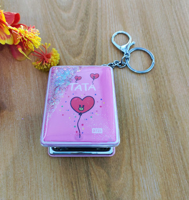 Paper Bear Pink TATA Sparking Rectangle Mirror Key Ring Chain for Kids Girls Key Chain