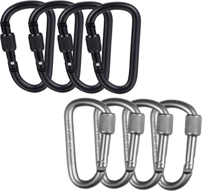 StealODeal Sliver Aluminium D Shaped Hook(Combo of 8) Locking Carabiner(Silver, Black)