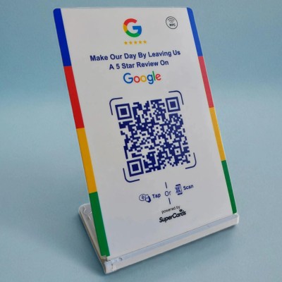 SuperCards Google Review NFC Standee with QR Code | High Quality Acrylic with UV Print Card Display Stand(10.16 cm Wide)