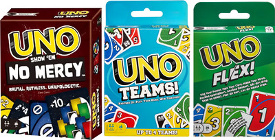 WOYR UNO No Mercy UNO Flex UNO Teams Playing Card Game|Uno Card Game Combo(Pack of 3)(Red, Blue, Green)