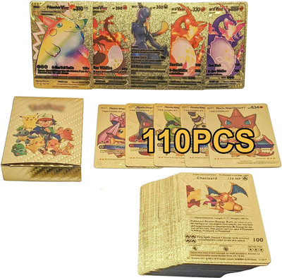 MARS Pokemon Gold Foil 110 PCS Card Metal Card Game Anime Battle Pokemon Child Toys(Gold)