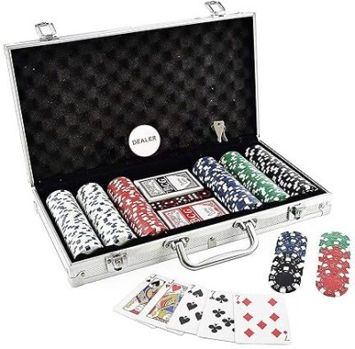 SEINON'S Poker Chips Set 300 Pieces with Aluminium Case 2 Card Decks 5 Dice Dealer Button(Silver)