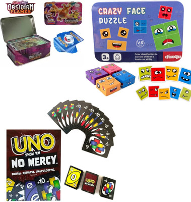 CrazyBuy Wooden Crazy Face Puzzle + DEP26 Metal Tin & UNO No Mercy Card games(Multicolor)