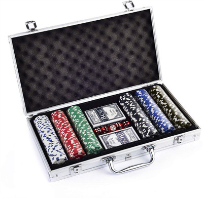 Protos India.Net 300 Pcs Poker Chips Hard Casino Style + 2 Playing Cards 5 Dices in Aluminum Box Diwali Special(Multicolor)