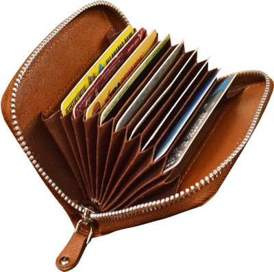 ABYS Genuine Leather RFID Protected Card Holder with Metallic Zip Closure 10 Card Holder(Set of 1, Tan)