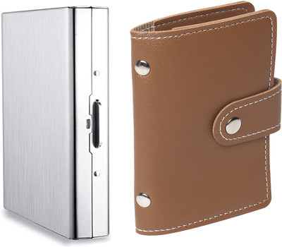 StealODeal PU Leather PVC Business 26 Slot With RFID Blocking Metal Credit/Debit Slot 8 Card Holder(Set of 2, Silver, Brown)