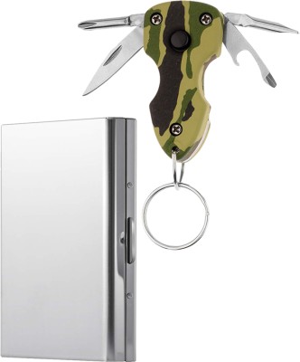 StealODeal Multi-tool 6 in 1 Keychain with Silver Stainless Steel 6 Card Holder(Set of 2, Silver, Multicolor)