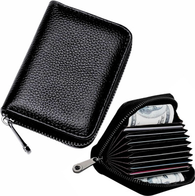 OFIXO Bits Black Card Holder Leather Business Card Holder Credit Card RFID Black Leather Zip Debit/Credit 10 Card Holder(Set of 1, Black)