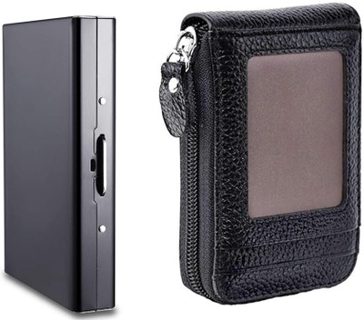 StealODeal Leather 9 Cards Slots & 2 Cash Slots & 1 ID Slot With RFID Blocking Metal Slot 8 Card Holder(Set of 2, Black)