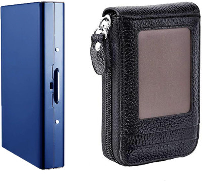 StealODeal Leather 9 Cards Slots & 2 Cash Slots & 1 ID Slot With RFID Blocking Metal Slot 8 Card Holder(Set of 2, Blue, Black)