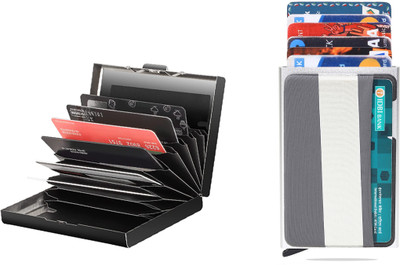 StealODeal RFID Stainless Steel Black with Slim Aluminium Pop Up Silver Debit/Credit/ATM 8 Card Holder(Set of 2, Black, Silver)