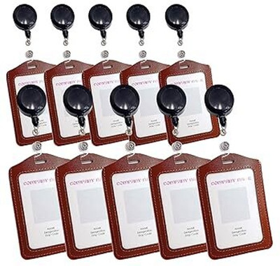 GPN PRINT PU Leather ID Badge Holder Card Case with Retractable Reel Pulley 10 Card Holder(Set of 10, Brown)