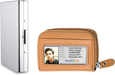 StealODeal RFID Blocking Metal 8 Slot with RFID Protected Leather Zipper Case Slot 10 Card Holder(Set of 2, Silver, Orange)