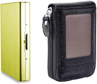 StealODeal Leather 9 Cards Slots & 2 Cash Slots & 1 ID Slot With RFID Blocking Metal Slot 8 Card Holder(Set of 2, Gold, Black)