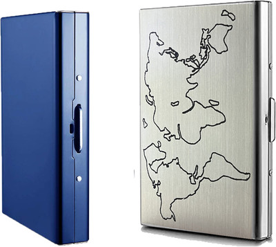 StealODeal RFID Metal Blue 8 Slot with World Map Silver Debit/Credit/ATM Slot 8 Card Holder(Set of 2, Blue, Silver)