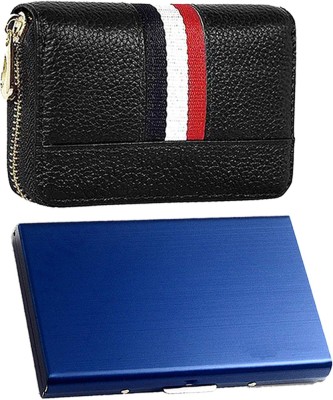 StealODeal Combo of Pu Leather & Stainless Steel Front Pocket Credit/Debit 15 Card Holder(Set of 2, Black, Blue)