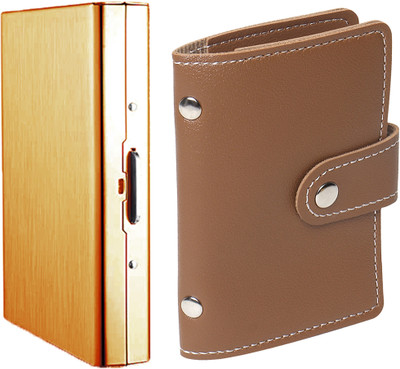 StealODeal PU Leather PVC Business 26 Slot With RFID Blocking Metal Credit/Debit Slot 8 Card Holder(Set of 2, Brown, Gold)