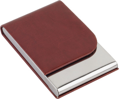 GifMor 9910 Brown PU Vertical Stainless Steel Business Card, Credit Card, ID Case 10 Card Holder(Set of 1, Brown)