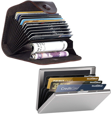 Encelade Brown Genuine Leather with Silver 6 Slot Stainless Steel 15 Card Holder(Set of 2, Brown, Silver)