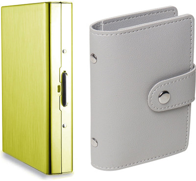 StealODeal PU Leather PVC Business 26 Slot With RFID Blocking Metal Credit/Debit Slot 8 Card Holder(Set of 2, Gold, Grey)