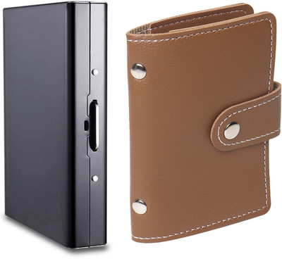StealODeal PU Leather PVC Business 26 Slot With RFID Blocking Metal Credit/Debit Slot 8 Card Holder(Set of 2, Black, Brown)