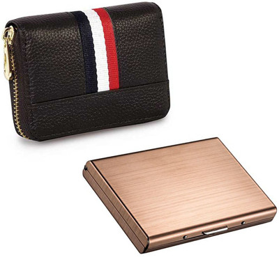 StealODeal Combo of Pu Leather & Stainless Steel Front Pocket Credit/Debit 15 Card Holder(Set of 2, Brown, Gold)