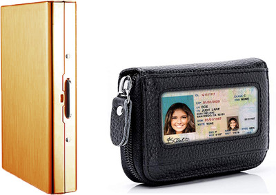 StealODeal RFID Blocking Metal 8 Card Holder RFID Protected Black Leather Zipper Case Slot 8 Card Holder(Set of 2, Gold, Black)