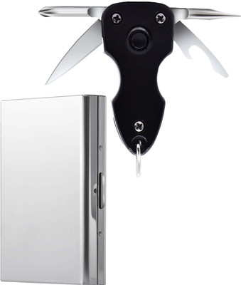 StealODeal Multi-tool 6 in 1 Keychain with Silver Stainless Steel 6 Card Holder(Set of 2, Silver, Black)